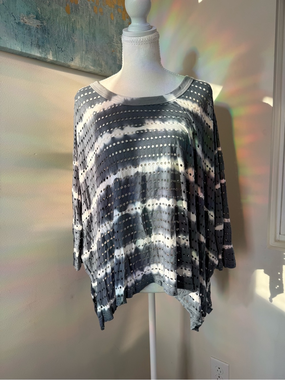Hard Tail Gray & White Tie-Dye Eyelet Dolman Crop Top Size XS